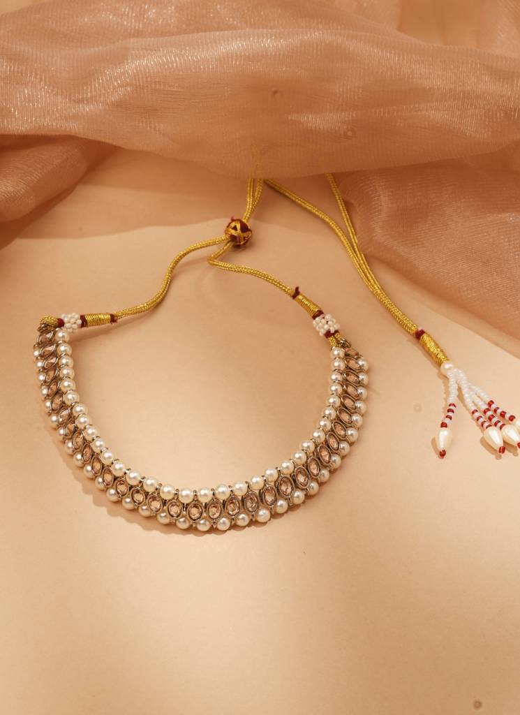Superb Flower And Circle Shape Pearl Brown Kundan Stone Antique Gold Plated Choker Necklace With Maang Tikka Fo : 6NS129_BROWN