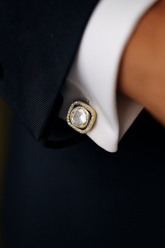 Antique Gold Finish Square Halo Polki Cufflink Pair For Men : 700024_2