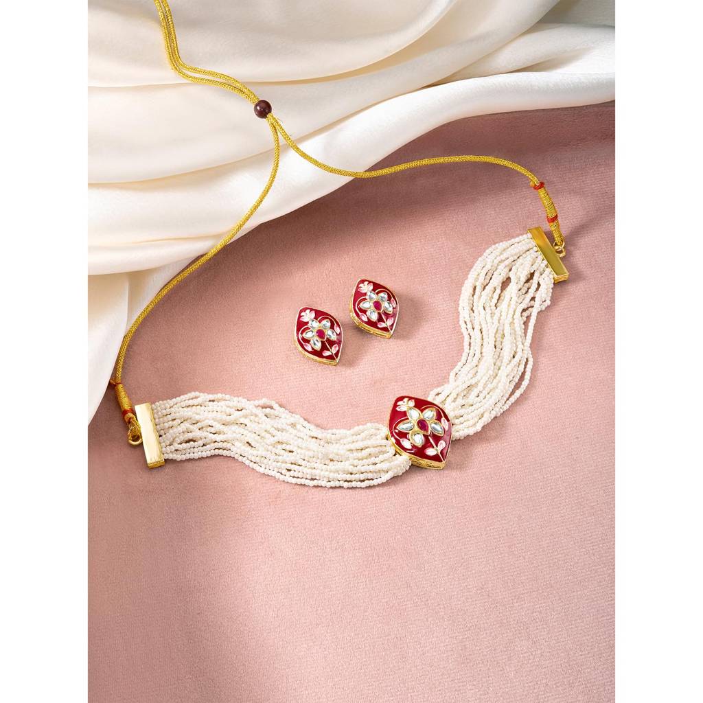 Gold Plated White Synthetic Stone & Beads Studded Meenakari Necklace Stud Earrings Jewellery Set For Women Girls : PF04NK2604RP