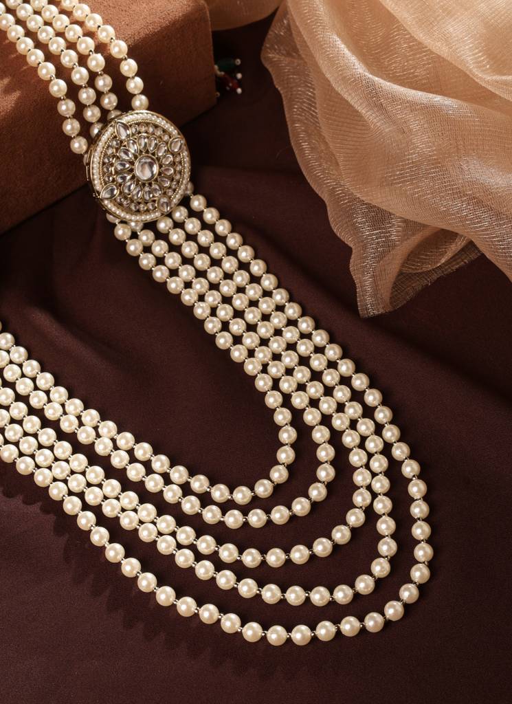 Luxurious Flower Design Pearl 5 String White Stone Kundan Antique Gold Plated Long Haram Necklace Mala For Women : 6ML02_WHITE