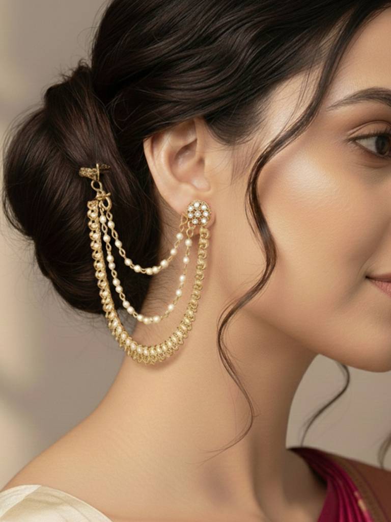 Peora Gold Plated Paisley Design Pearl Studded Layered Traditional Earring Chain Jewellery For Women : PF47EC01W