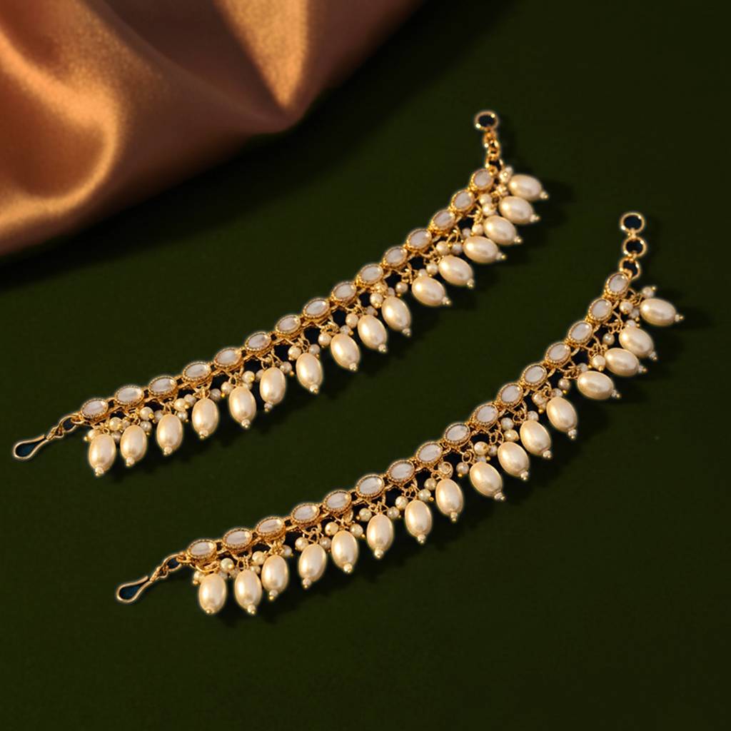 Peora Gold Plated White Kundan Studded Earrings Chain Ethnic Stylish Fashion Hair Accessories Jewellery Gift For  : PF09EC005W