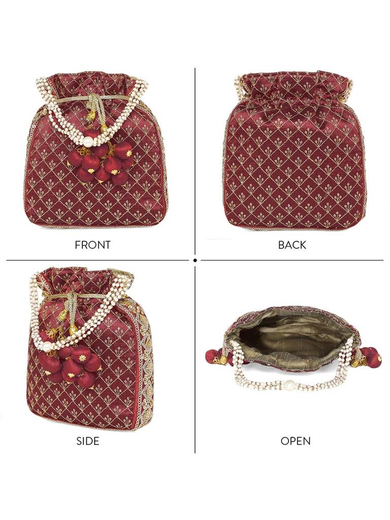 Zari Sequence Potli Bag For Women Stylish Handmade Wristlet Handbag Bridal Purse : P26M