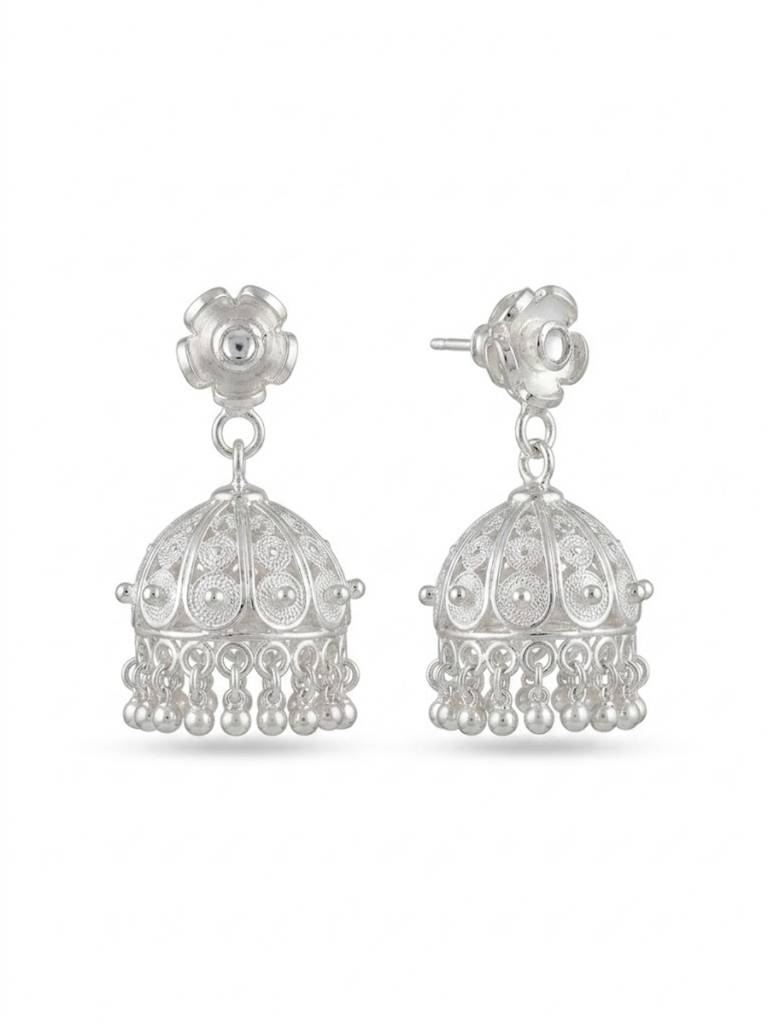 925 Silver Filigree Dome Jhumka Earrings For Women : E-26