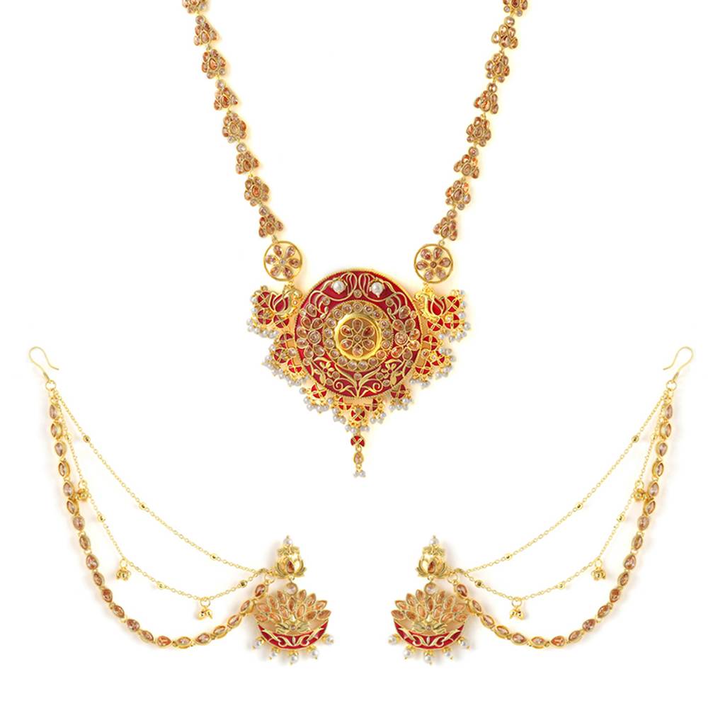 Apsara Meenakari White Pearls Embellished Gold Toned Filigree Jewellery Set : 8905124429640