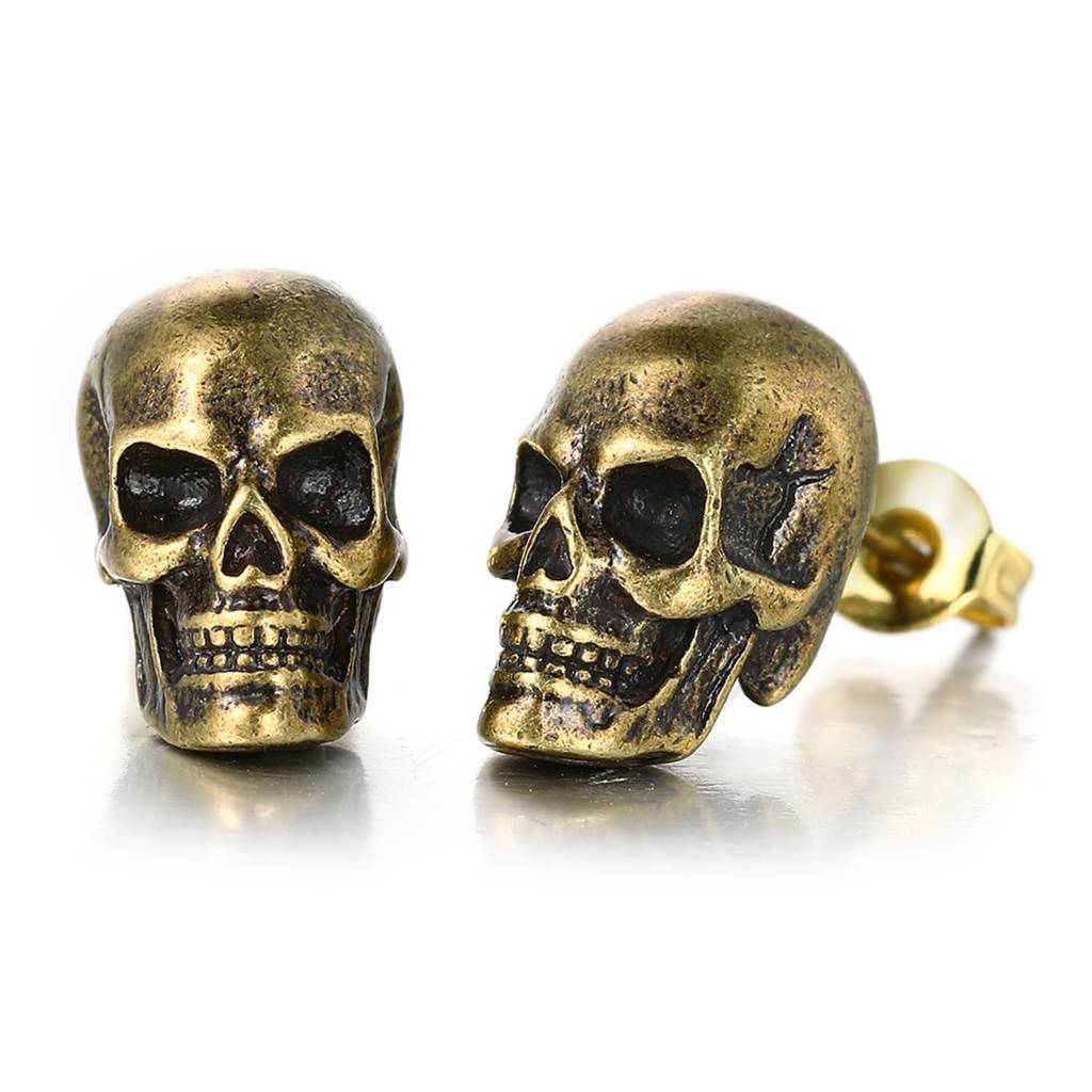 Gold Plated 316L Stainless Steel Skull Stud Earrings Jewellery For Men & Boys : PX9ME03AB