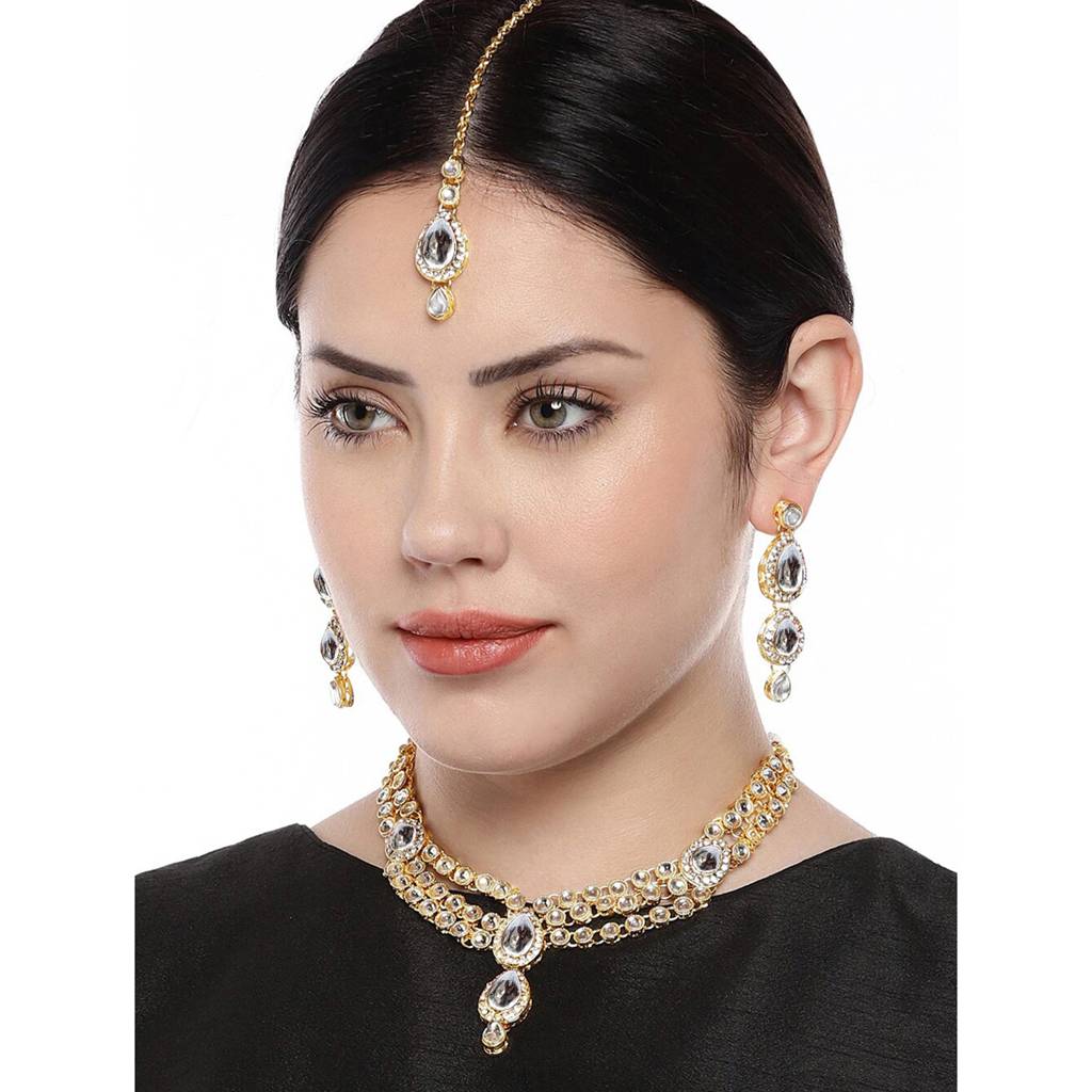 Peora Gold Plated Traditional Kundan Studded Long Necklace Jewellery Set With Earring Maang Tikka For Women Girls : PF25N009W