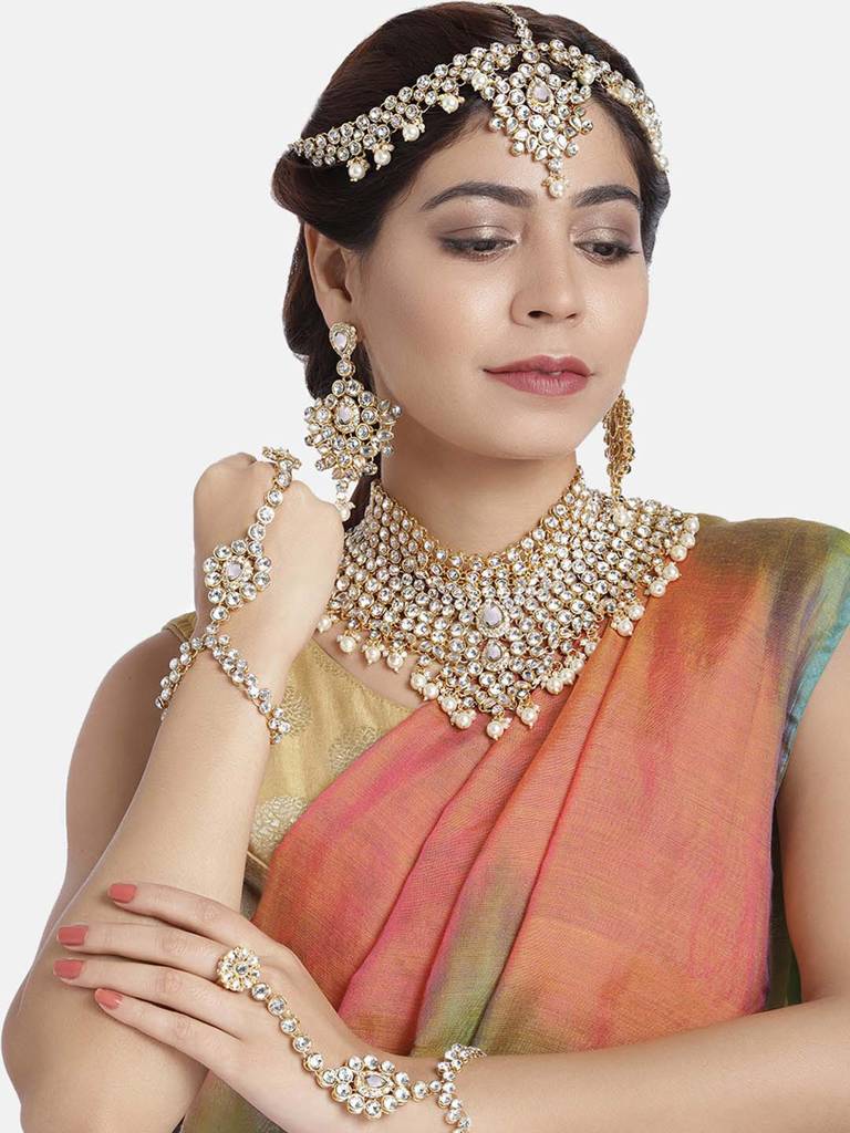 Peora American Diamond Studded Jodha Akbar Bridal Choker Necklace Traditional Jewellery Set Gift For Women Girls : PF37BRBLP021W