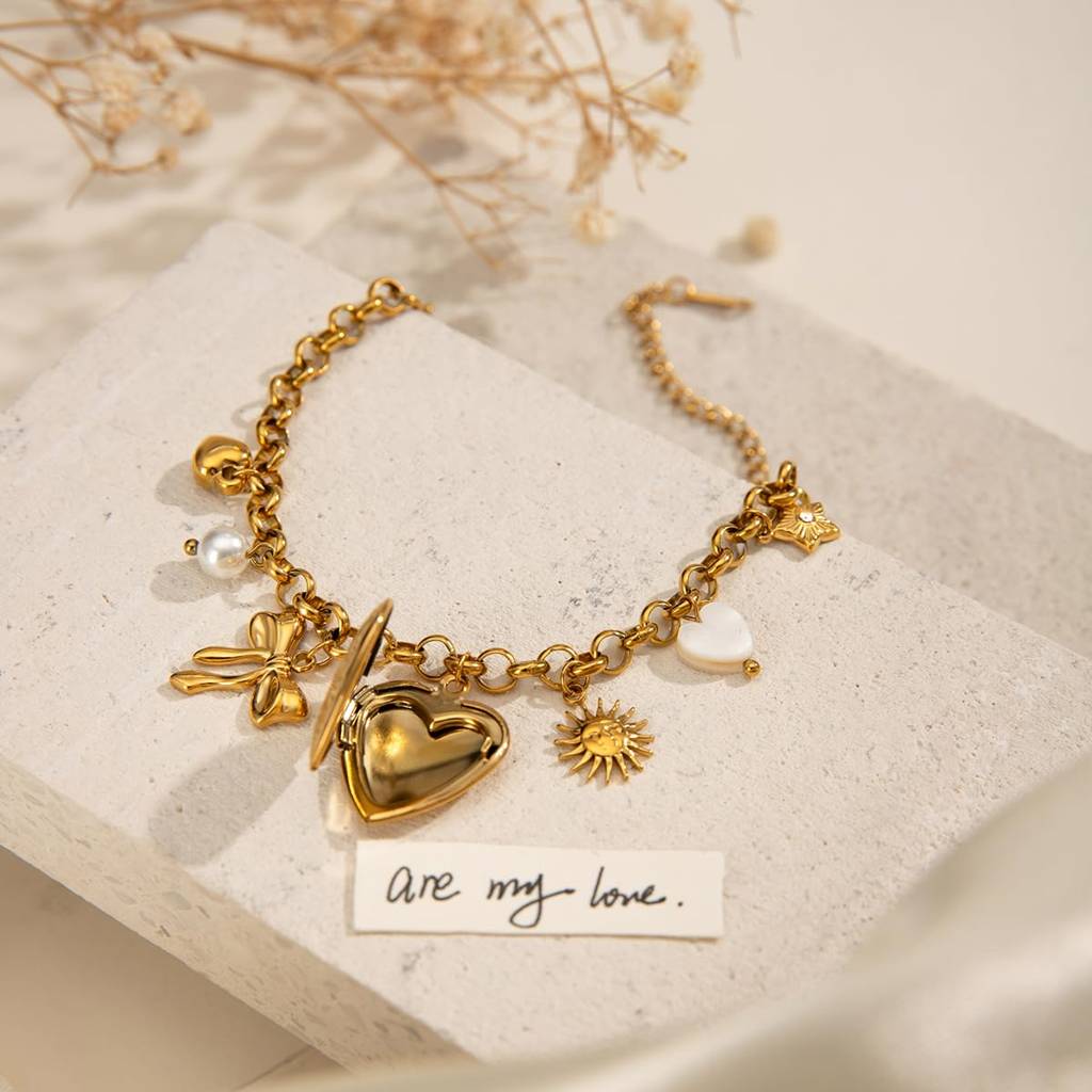 Golden Stainless Steel Premium & Elegant Charm Bracelet For Women – Adjustable Chain Bracelet With Heart Locket, B : BW2409015