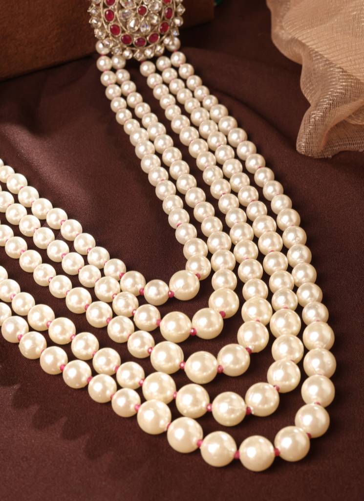 Marvellous Flower Design Pearl 5 String Ruby Stone Kundan Antique Gold Plated Long Haram Necklace Mala For Women  : 6ML55_RUBY