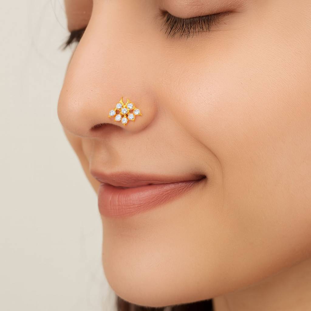 White Cz In Crescent Drop Ethnic Nose Pin - Sterling Silver Gold Plated : NP-00017_925S_YG_WCZ