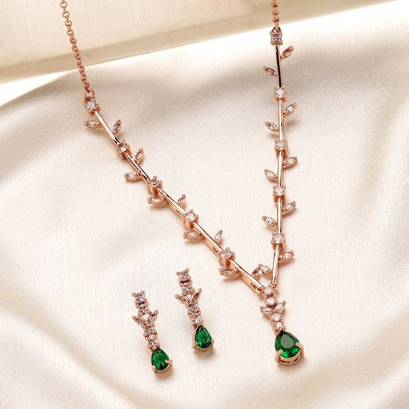 Refined American Diamond Teardrop Vine Leaf Motif Necklace Set– Lightweight Signature Jewelry For Bridesmaid : AD-854-RGGNNKER
