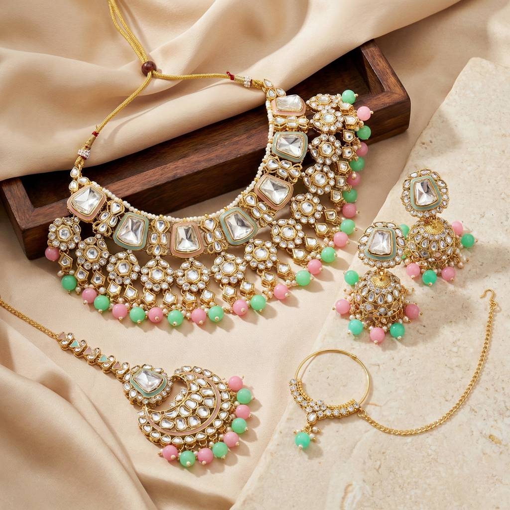 18 Kt Gold Plated Bridal & Semi-Bridal Necklace Set With Earrings, Maang Tikka & Nath : 2476-M8SK-1101-PKMNT