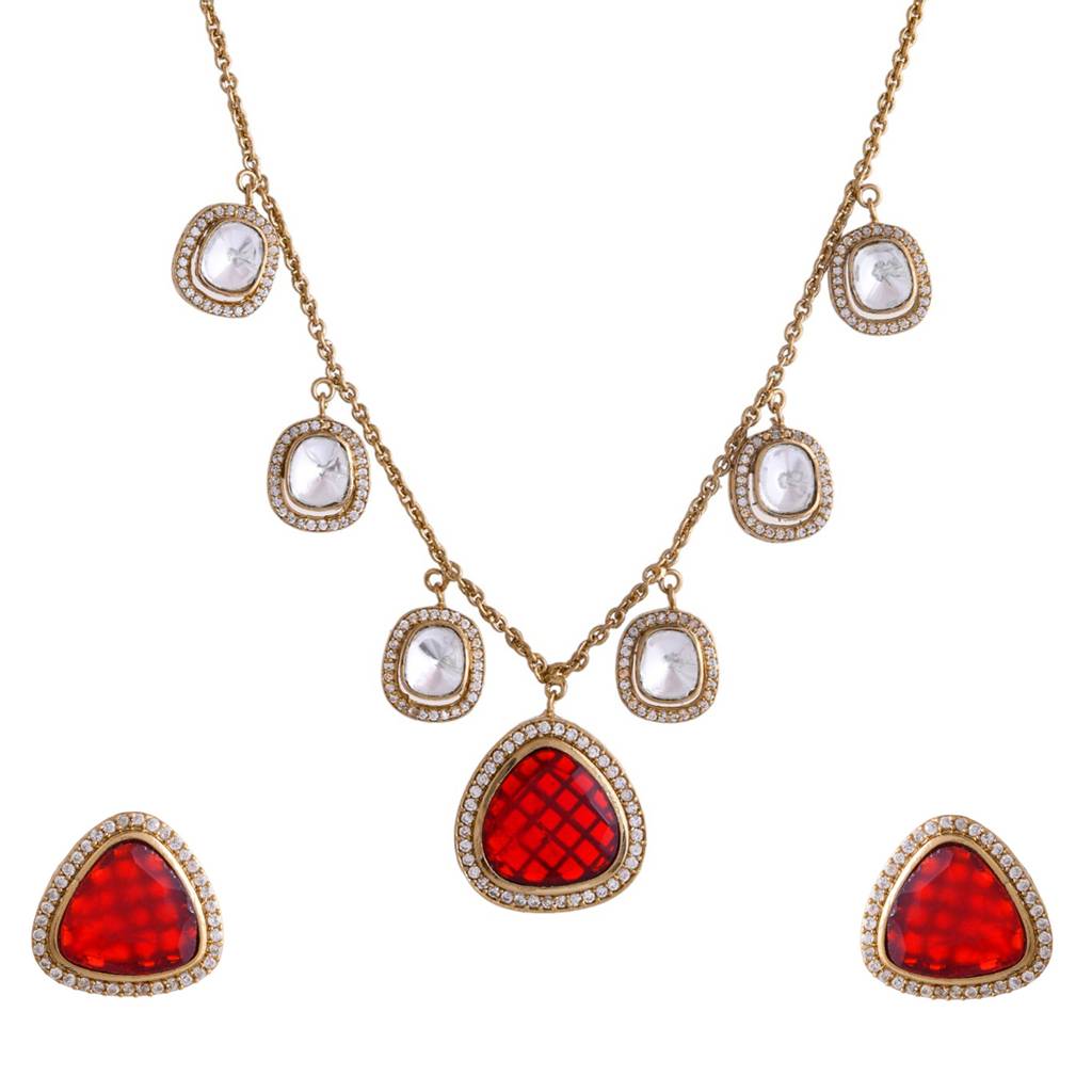 Hasli Regal Radiance Red Kundan Embellished Golden Necklace Set : 8905124535501