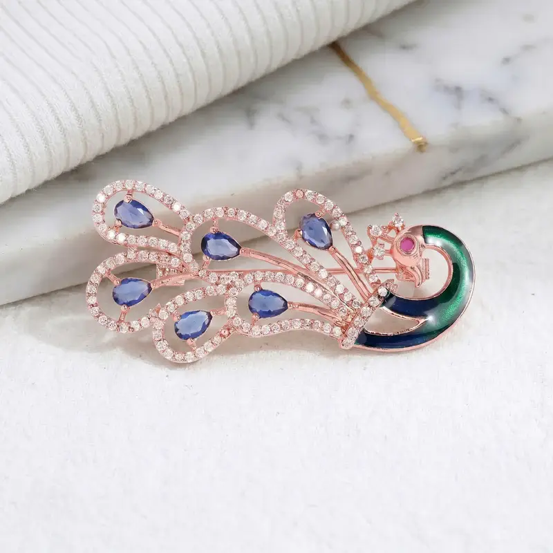 Cz Statement Peacock Feather Brooch Pin For Women |Wedding Wear : AD-005-RGBL-BROOCH