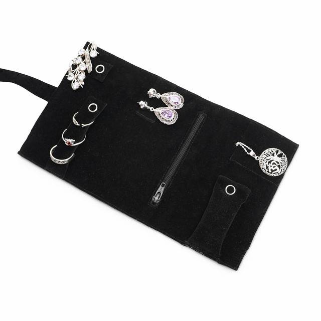 Handmade Embroidered Jewelry Storage Roll, Black Suede Fabric With Bugle Beads And Sequin : LM1027-Blk