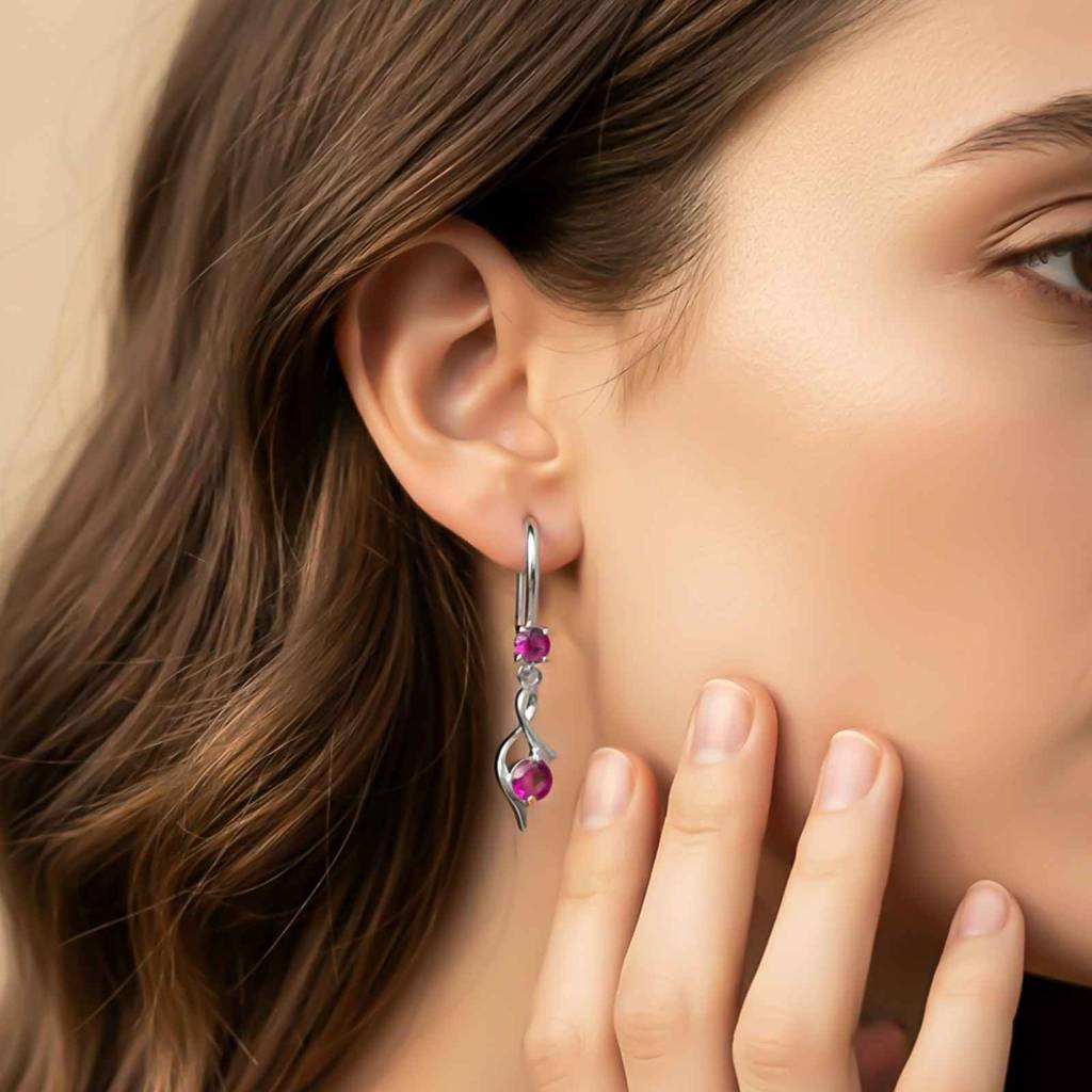 Silver Pink Ruby Twist Drop Earrings : ZLE-1188