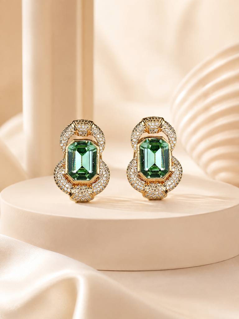 Emerald Halo Iridescent Crystal Stud Earrings : AN-VM-GR-0092-DE