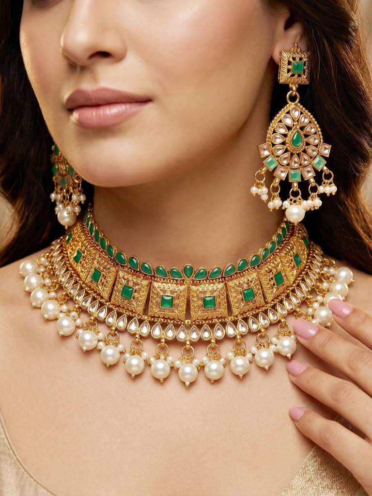 Gold-Plated Choker Necklace Set With Earrings & Maang Tikka For Women | Green Color Traditional Bridal Jewell : 866-G2SR-006-G