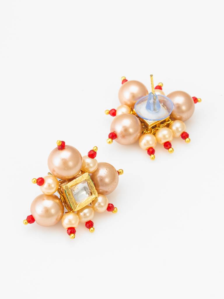 Five-Strand Peach Pearl Mala Necklace Set With Kundan Cluster Earrings : NK4440