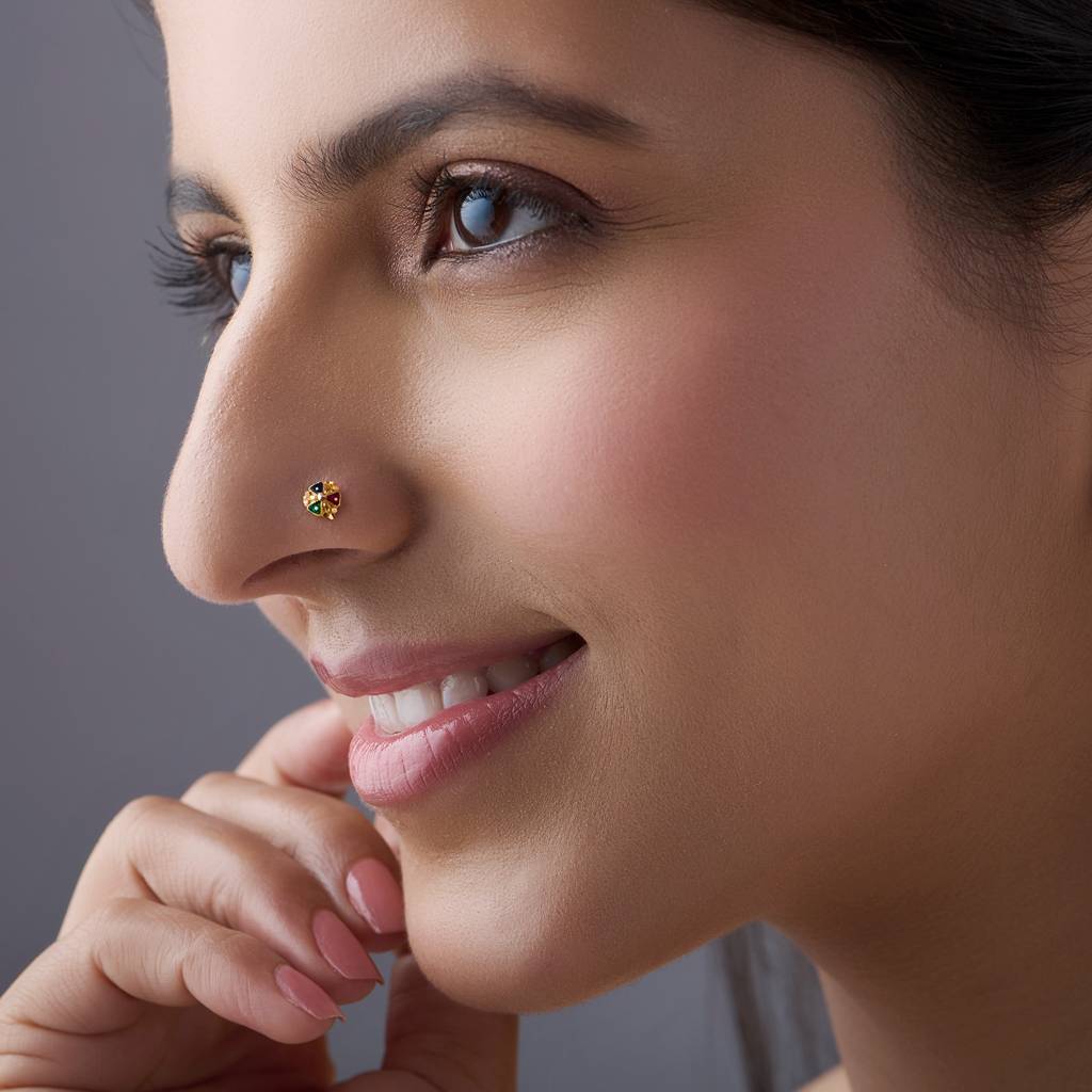 Yuvora 18K Yellow Gold Jewel Crest Nose Pin For Women Screw Back Closure | Bis Hallmarked | Pure Gold No : PCNP1072-DC-18YG-IS