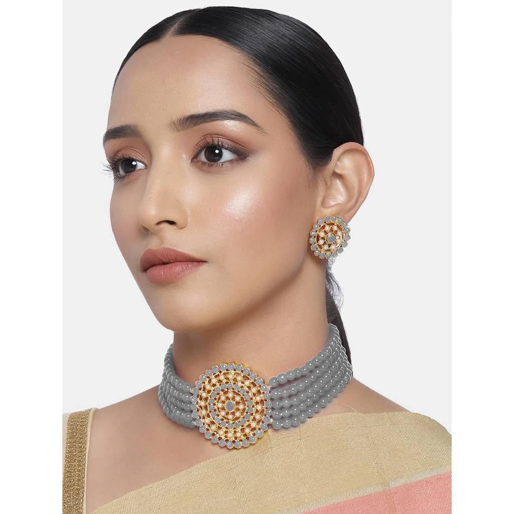 Gold Plated Pearl Diamond Kundan Choker Necklace With Round Earrings Traditional Grey Jewellery Set For Women : PF26N1374GRY