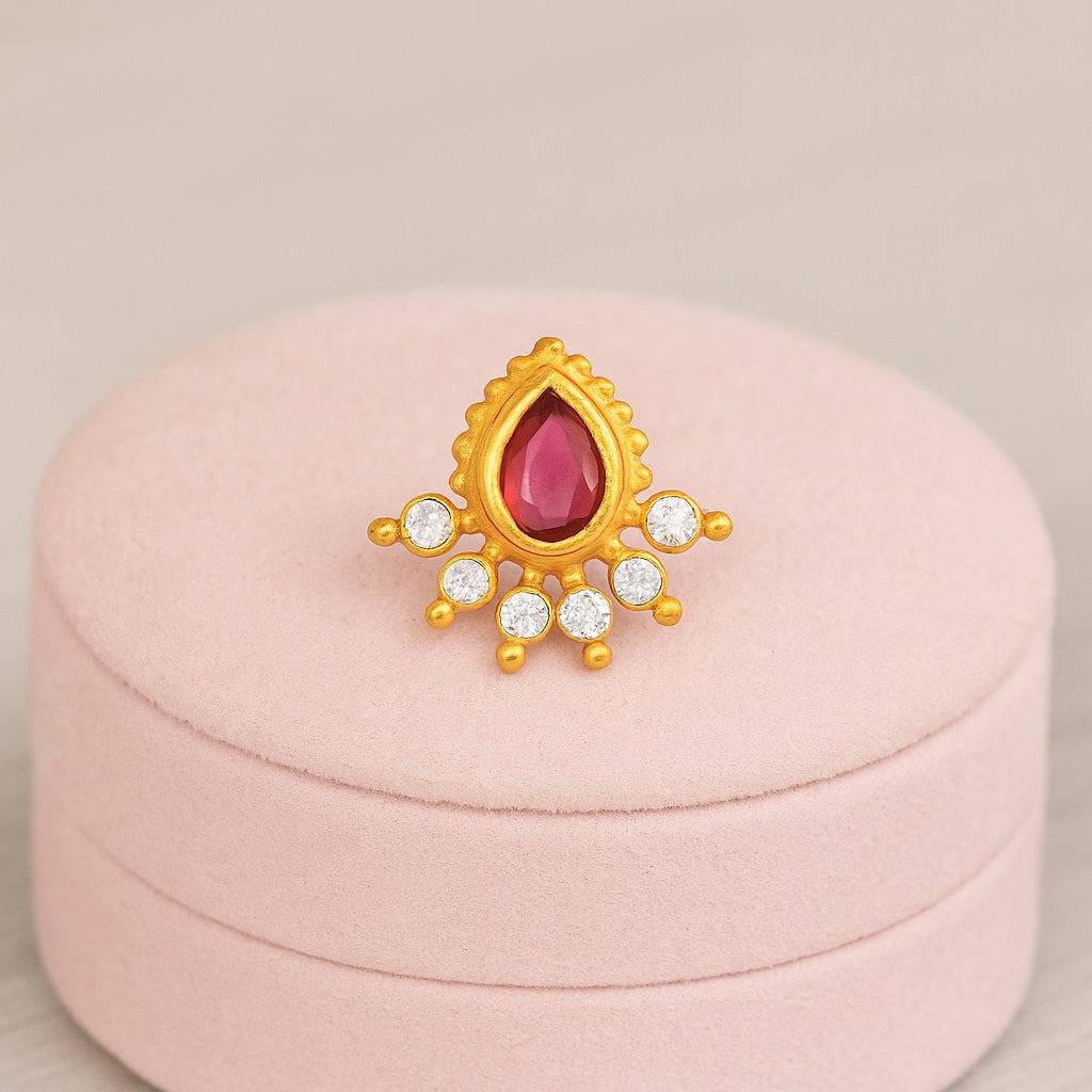 Floral Nose Pin - Sterling Silver Gold Plated : NP-00125_SW277_925S_REDCZ