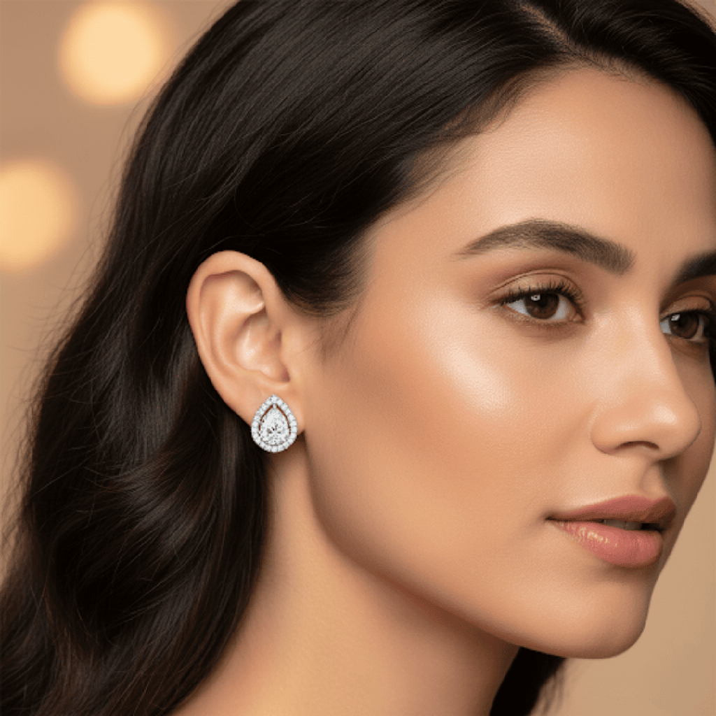 Sterling Silver Teardrop Halo Stud Earrings With Sparkling : ES028-SterlingSilverTeardropHaloStudEarringswithSparklingCZStones