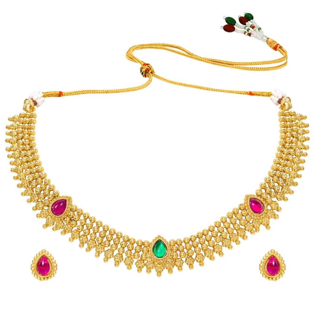Gold Plated Rani Pink Synthetic Stone Studded Long Necklace Jhumki Earrings Jewellery Set For Women & Girls : PF04N67RPG