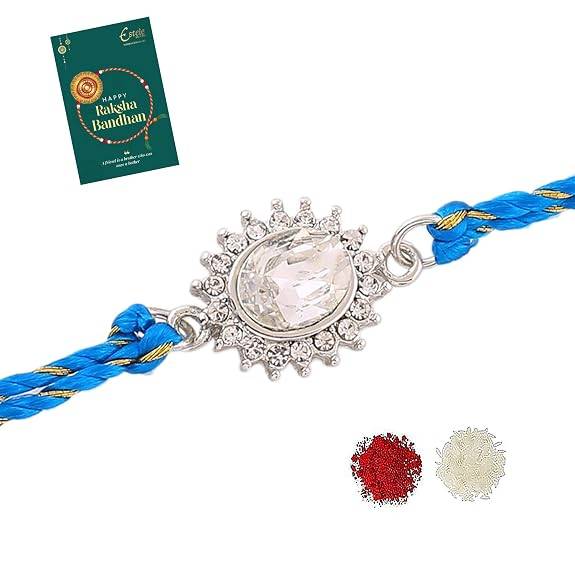 Rhodium Plated Sacred Sparkle Rakhi With Bold Austrian Crystals And Blessed Blue Silk Thread : 146-IG-RAKHI