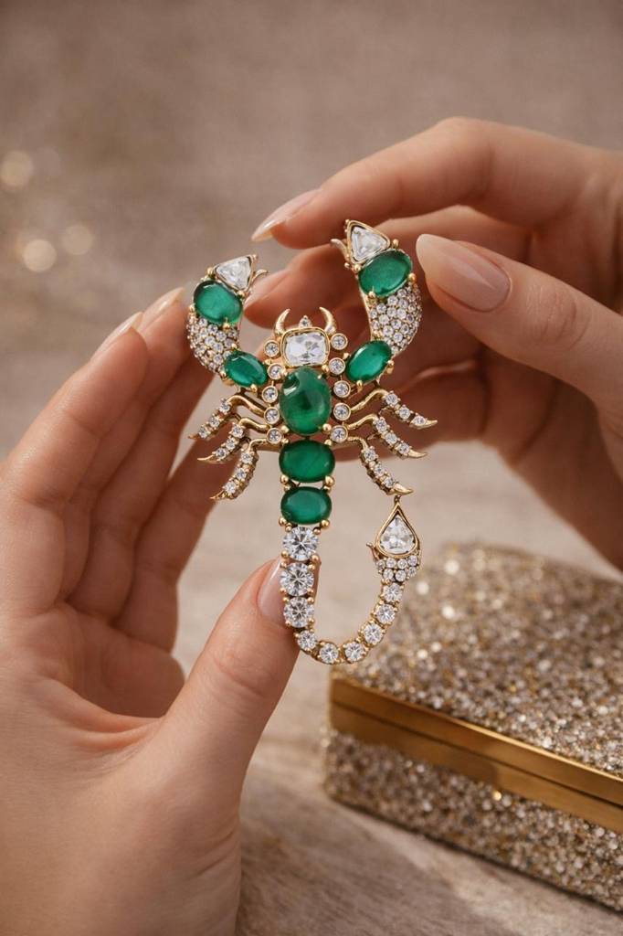 Antique Gold Finish Polki Diamond Unisex Scorpion Brooch With Hydro Emeralds : 900003