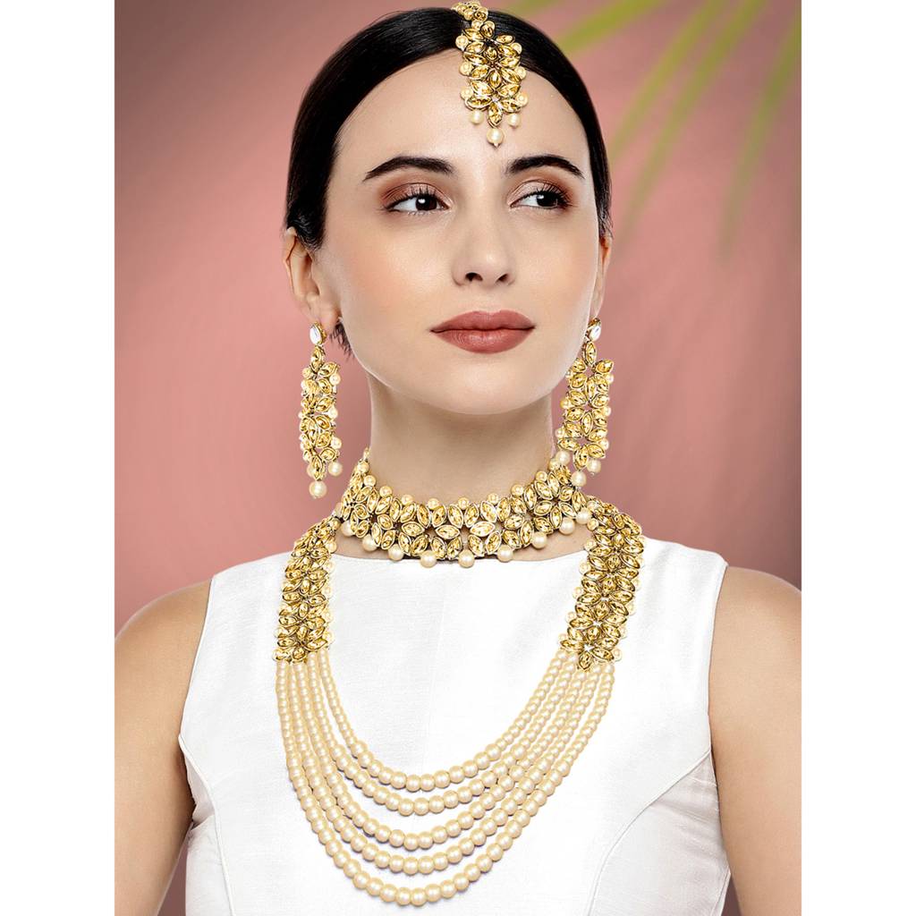 Peora Gold Plated Traditional Kundan Brass Alloy Long Necklace Jewellery Set With Earring Maang Tikka For Women : PF25BR105LCT