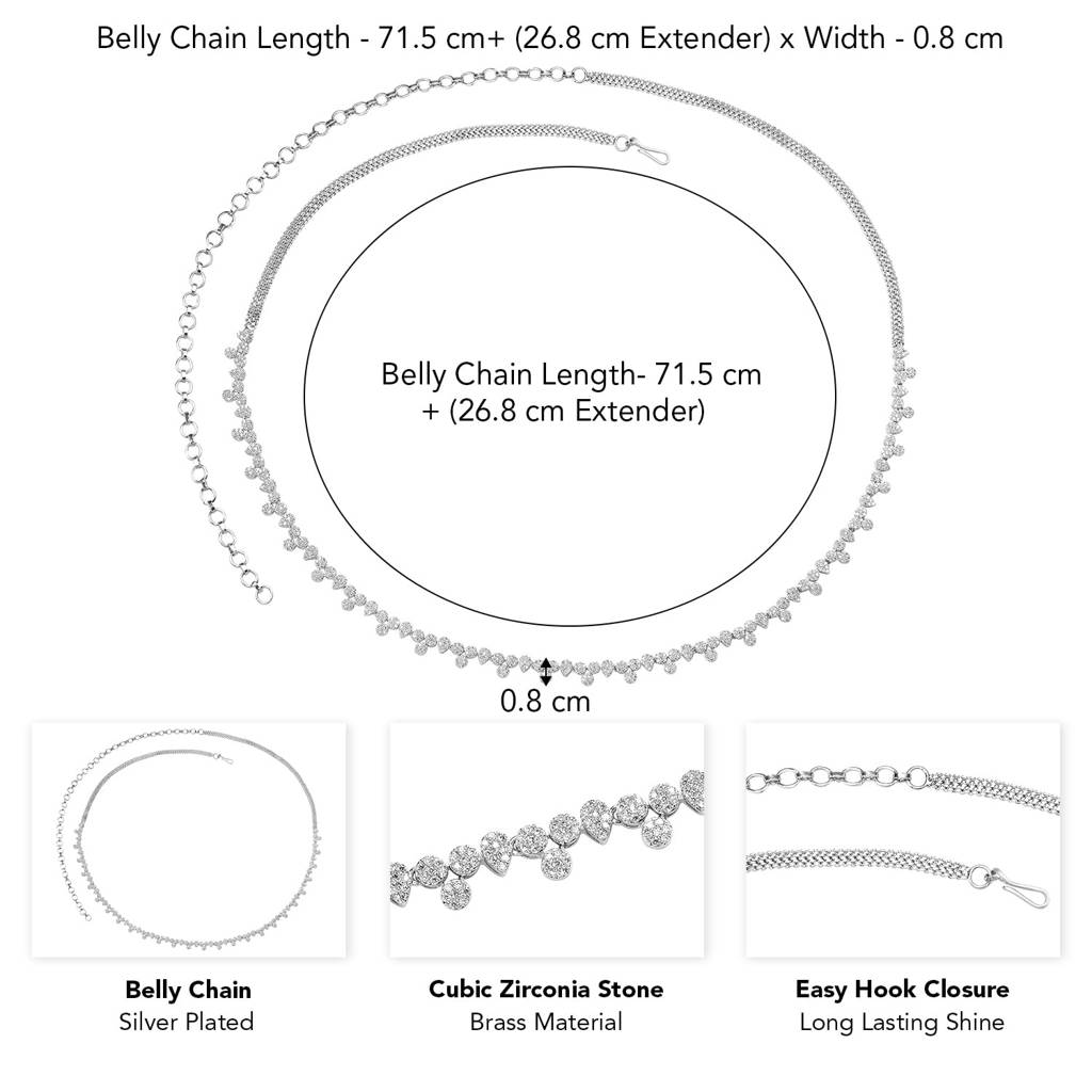 Silver Plated Cubic Zirconia Studded Fancy Belly Chain Kamarbandh Jewellery Gift For Women & Girls : PF67BLT317S