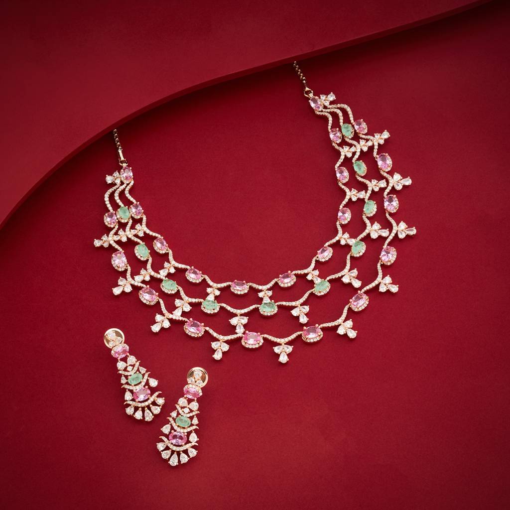 Pink-Mint Gld Ros Plated - Party Wear Zircon Necklace - 470870 : 470870