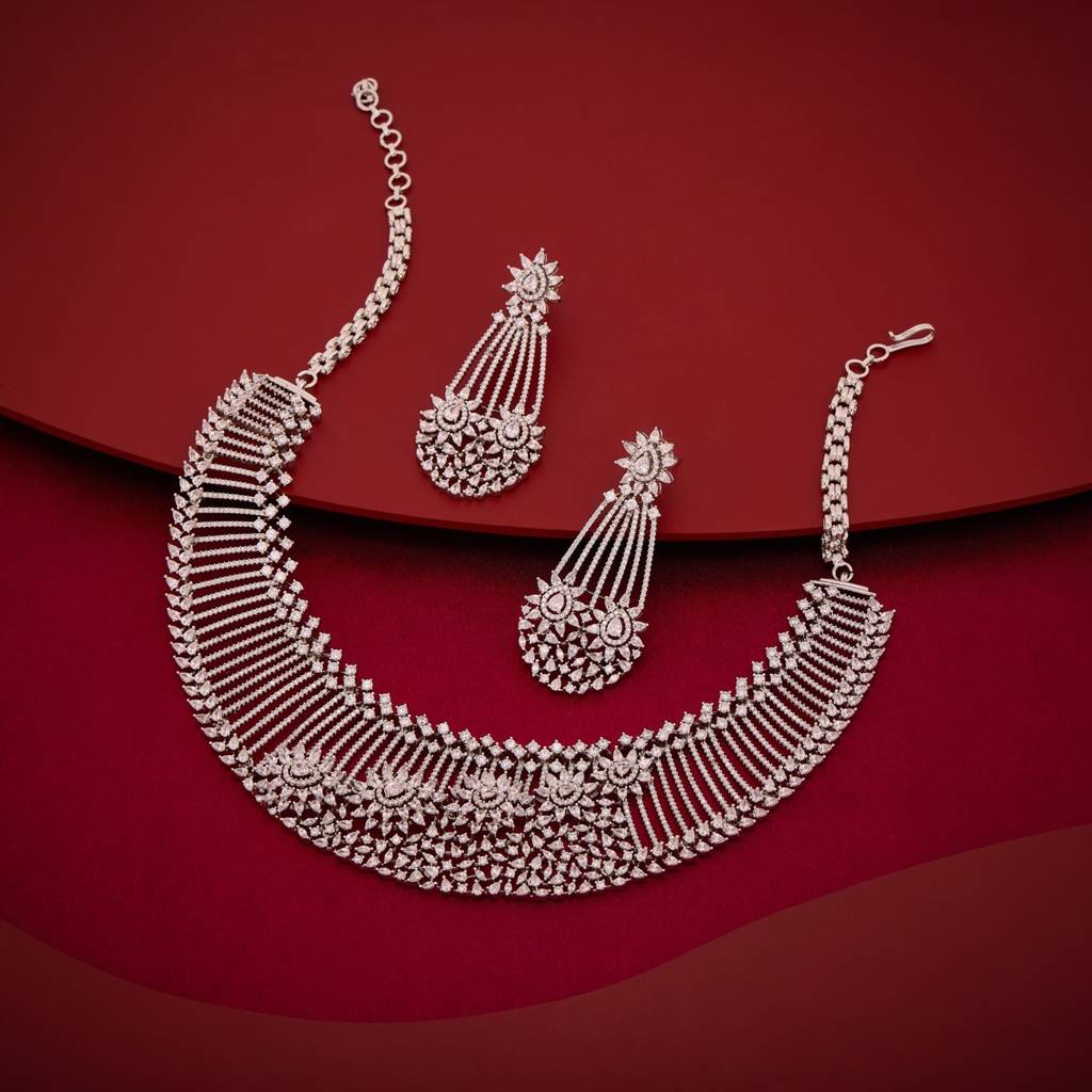 White Rodium-Gold Plated - Party Wear Zircon Necklace - 456904 : 456905