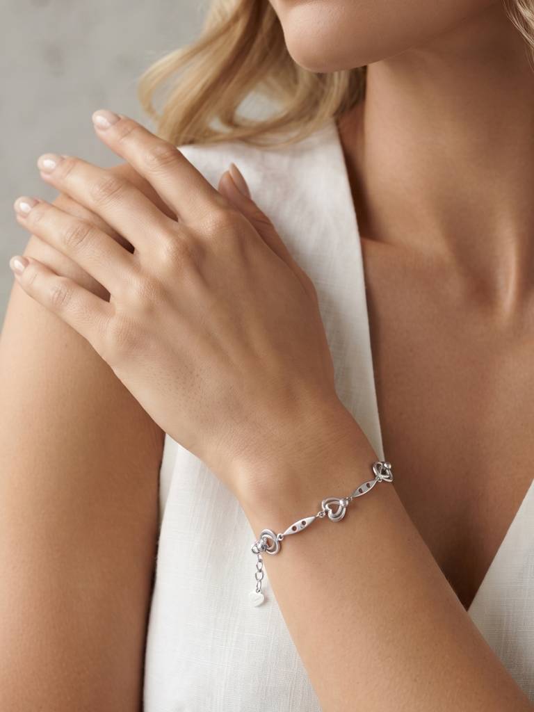 925 Silver Open Heart Link Bracelet For Women : BR-65