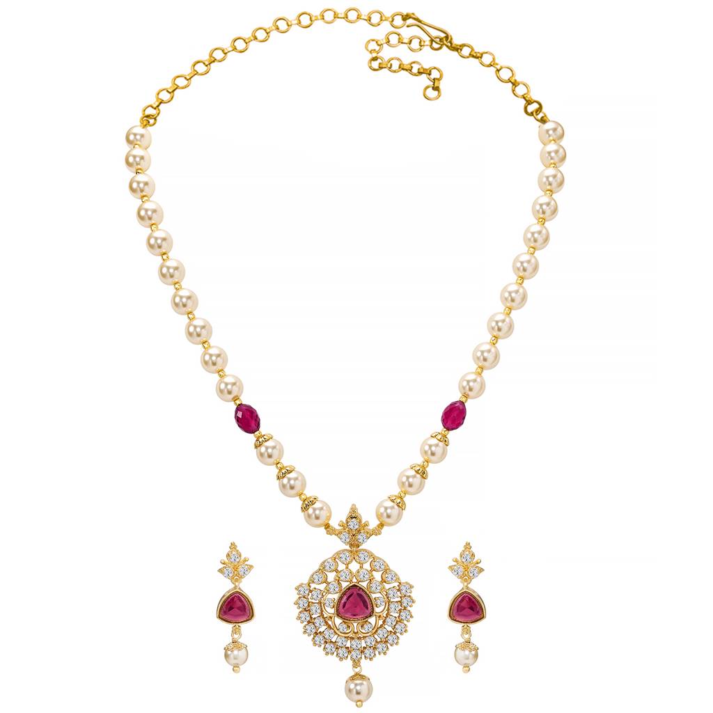 Ethnic Rani Pink Beads Necklace Earrings Set For Women & Girls Gold Plated Faux Ruby Pearl & Crystals Traditional  : PF10PS08R