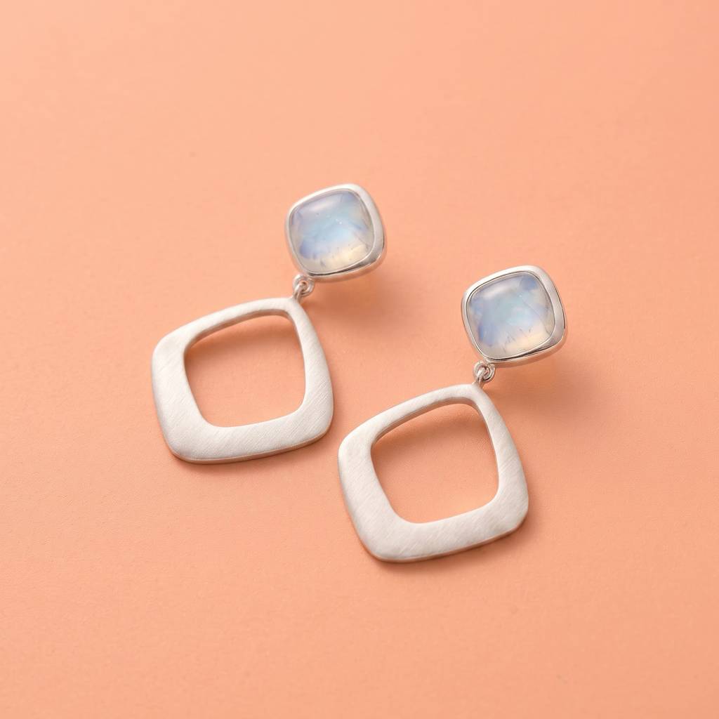 925 Pure Silver Minimalist Cushion-Cut Gemstone & Open Frame Earrings : TWP1387I