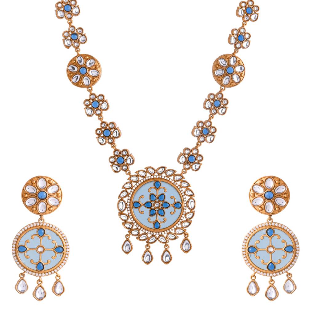 Hasli Elegant Long Blue Floral Kundan Studded Golden Necklace Set : 8905124535518