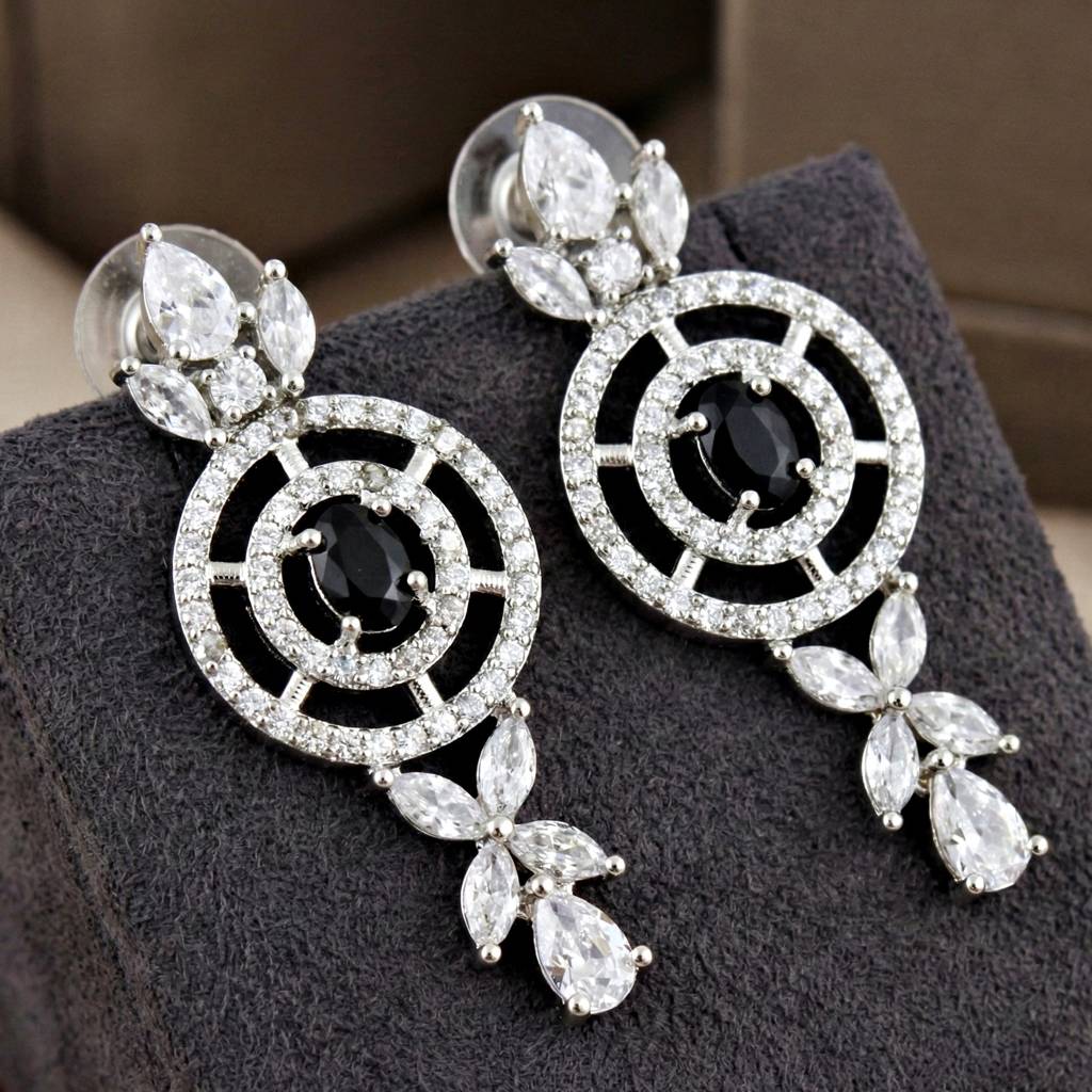 Silver-Tone American Diamond Necklace Set With Earrings For Women – Office, Party & Wedding Wear : 1717-K4SA-2242-BL-S