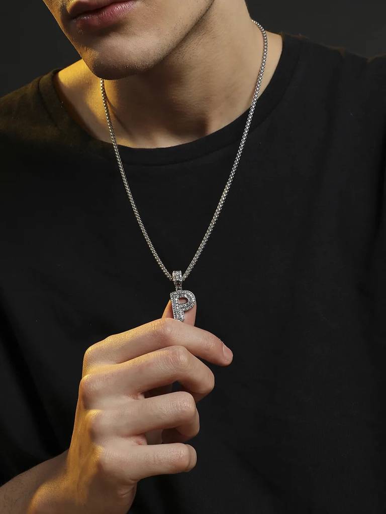 Men'S Embellished Alphabet Pendant Necklace - Silver : FANC1071-P