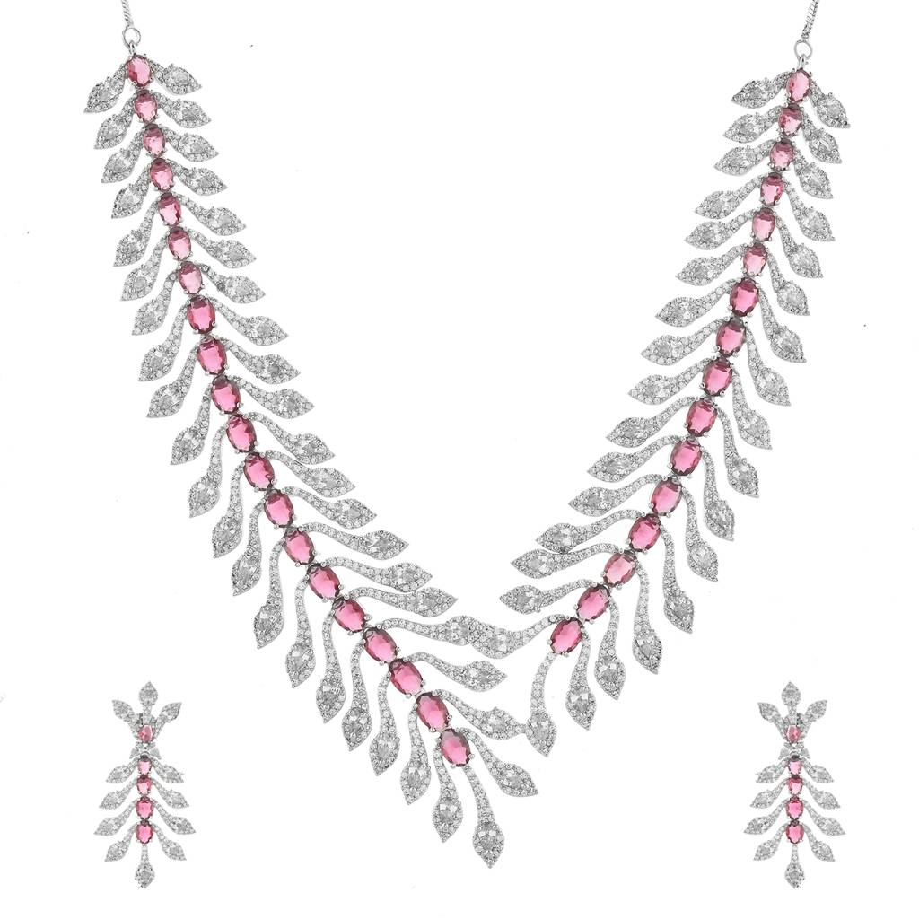 Sparkling Essential Luxurious Ruby Crystal American Diamond Necklace Set : 8905124539585