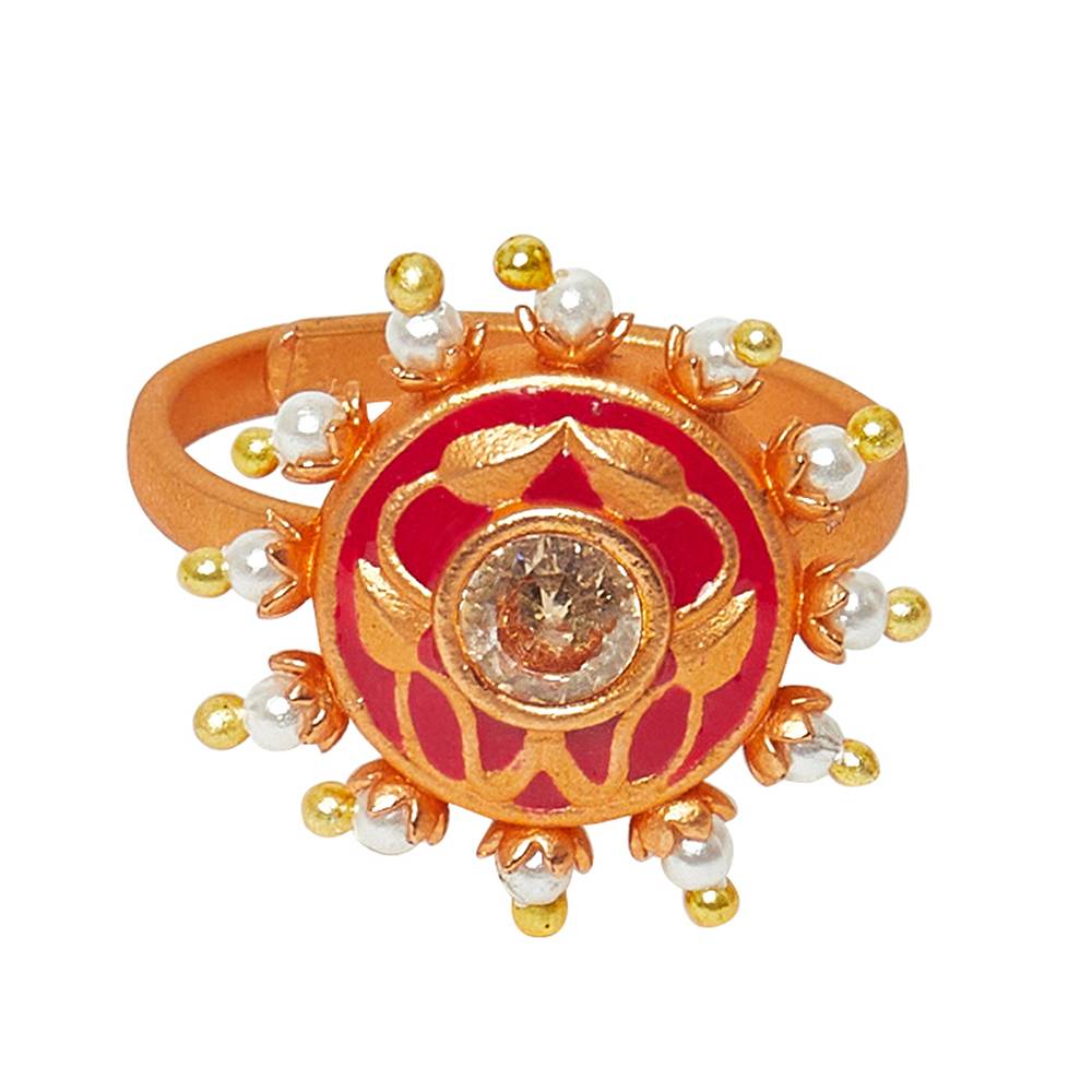 Adjustable Leaf Motifs Gold Toned Brass Faux Pearls Ring : 8905124444339
