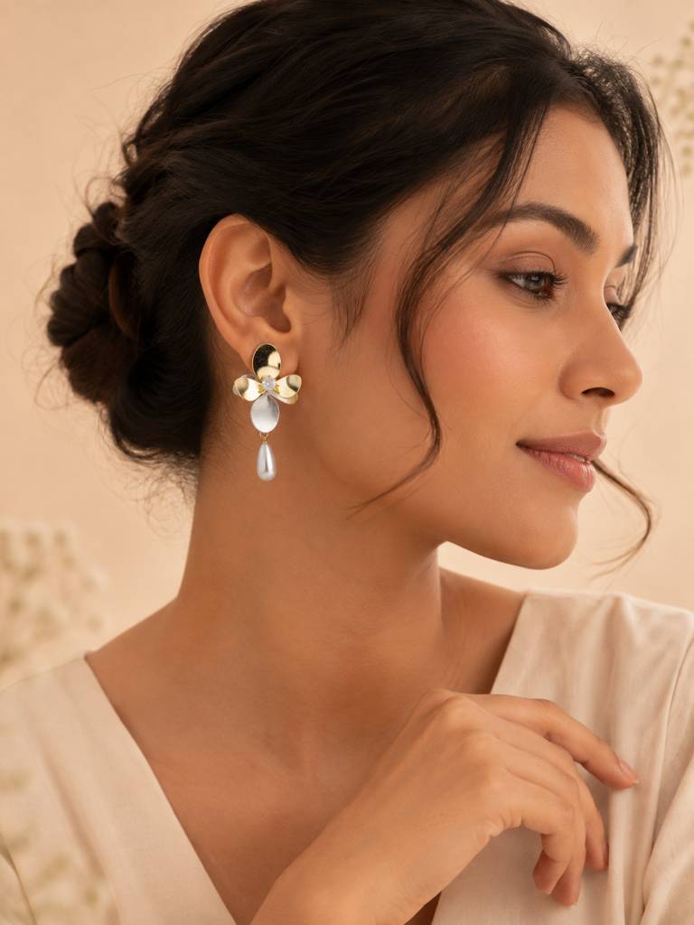 Pearl Drop Floral Gold Earrings : AN-LJ-SI-0071-DE