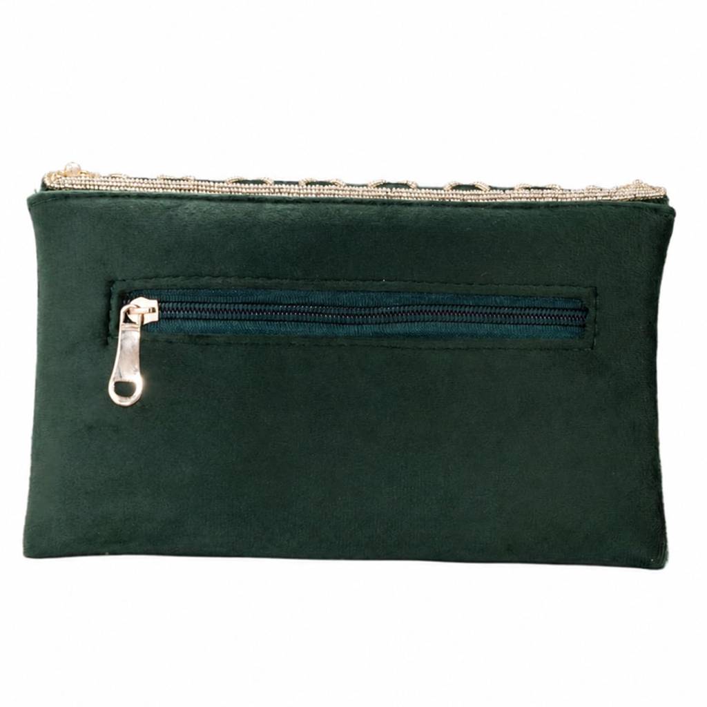 Quilted Pearl Embellished Clutch Bag For Women | Gold Beaded Strap | Wedding Festive Evening Purse : C189GRN