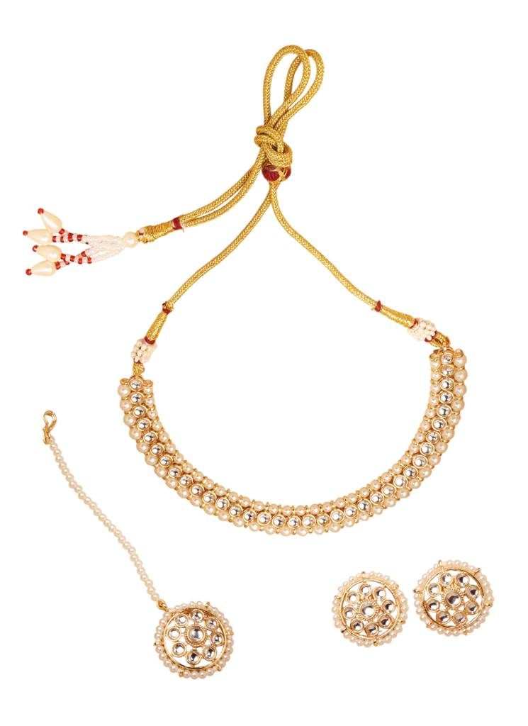 Creative Flower And Round Shape White Kundan Pearl Gold Plated Choker Necklace With Maang Tikka For Women And G : 6NS130_White