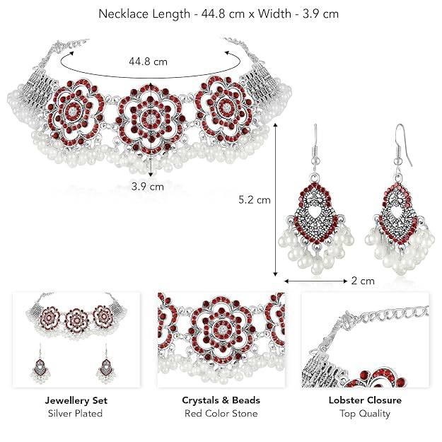 Silver Plated Red Crystals & Beads Studded Necklace Earrings Set Ethnic Jewellery For Women : PX9N182R