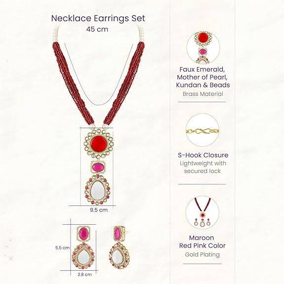 Green Pendant Style Necklace Earrings Set For Women & Girls Gold Plated Faux Emerald Mother Of Pearl & Beads Festi : PF77LS02M