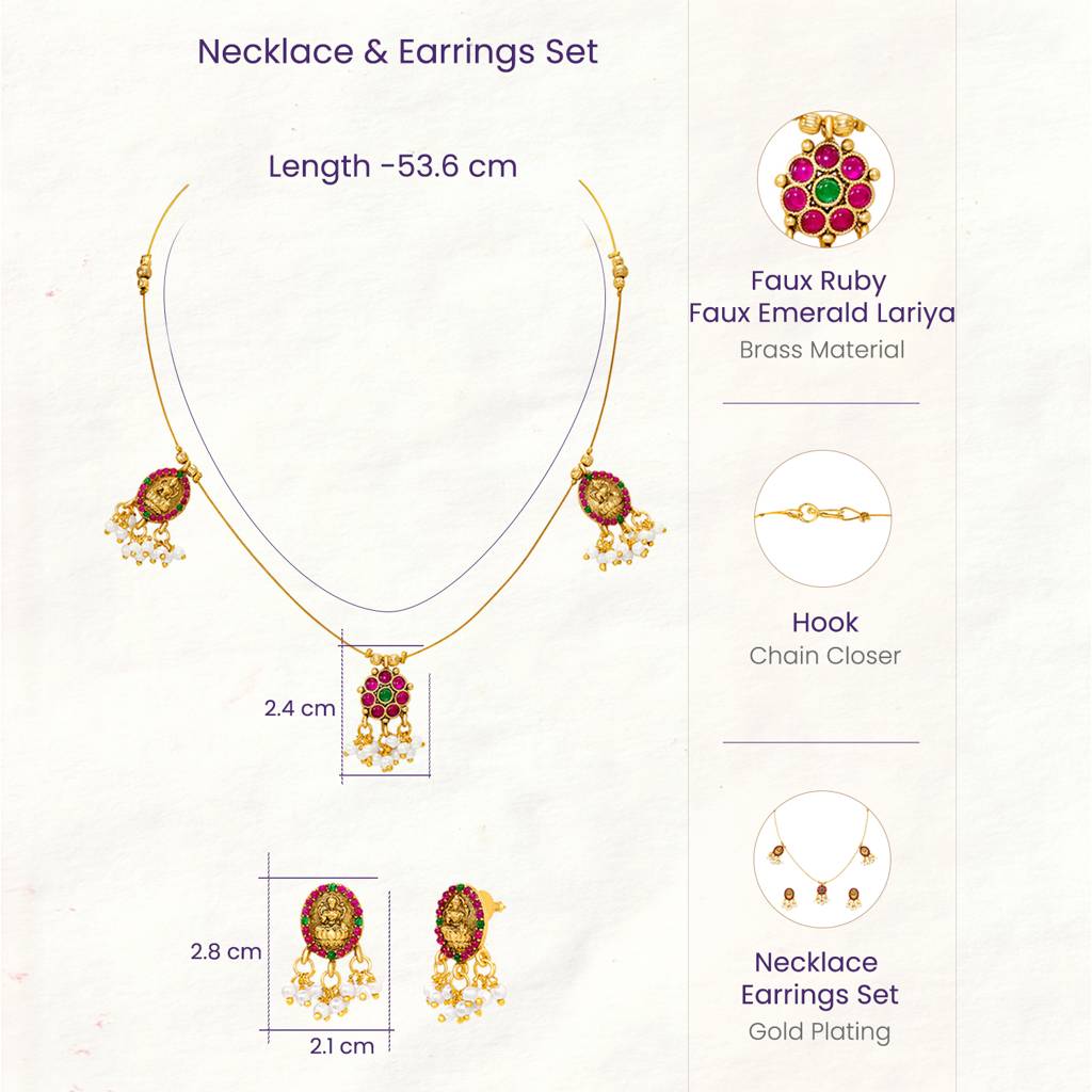 Women'S Gold Plated Ethnic Necklace Earrings Set Faux Ruby Emerald Lariya Studded Festive & Bridal Jewellery Anni : PF47N75RPG