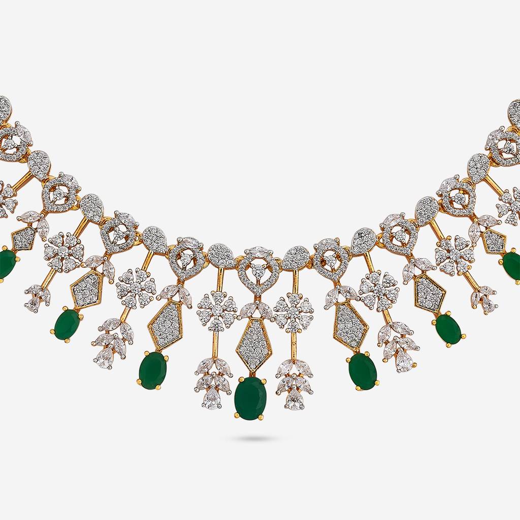 Green Rhodium-Gold - Plated Party Wear Zircon Necklace - 454018 : 454018